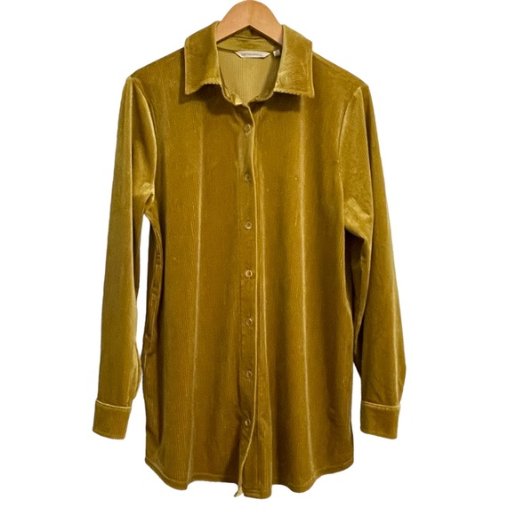 Soft Surroundings Gold Velvet Shimmer Ribbed Long Sleeve Button Front Top Medium - Picture 1 of 10